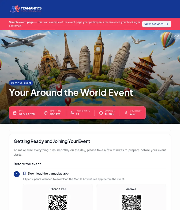 Example event page showing event details and the start of the joining instructions